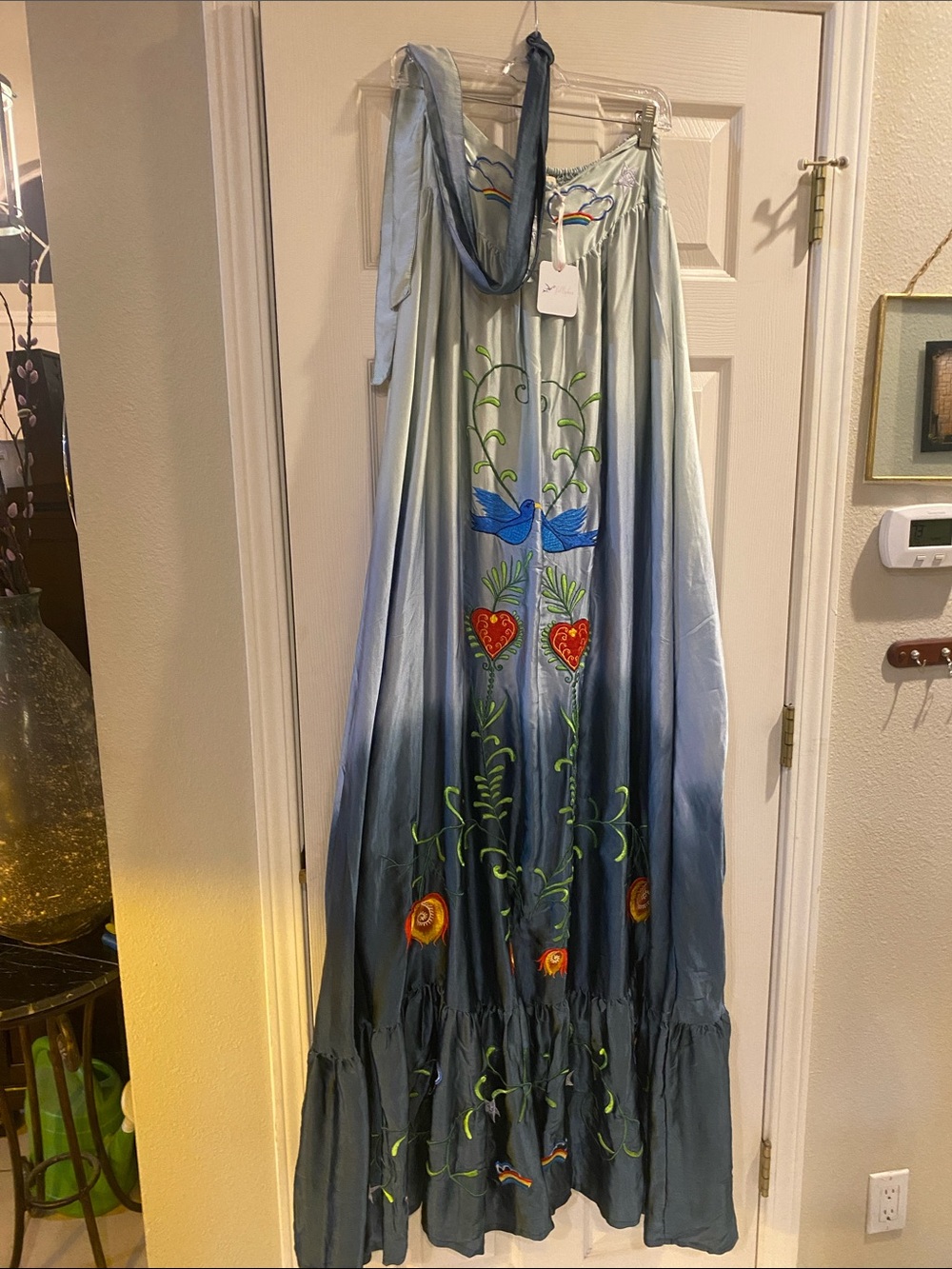 Fillyboo Strapless Ombre Blue Maxi Dress with Floral Embroidery
